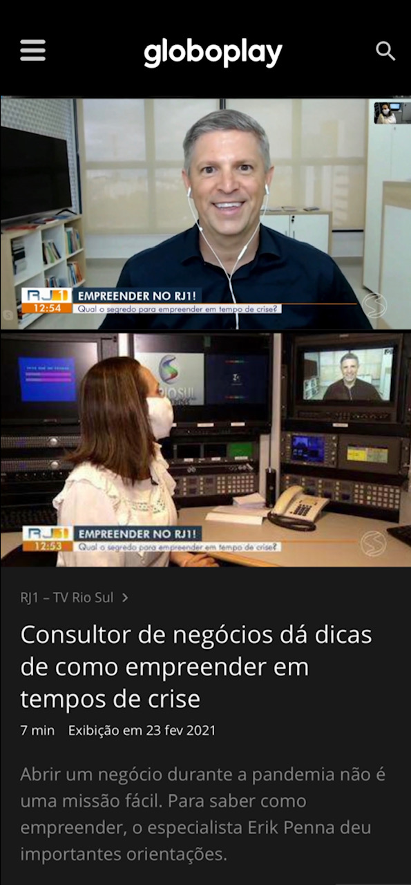 Programa Empreender no RJ1 da TV Glovo Rio Sul com Erik Penna